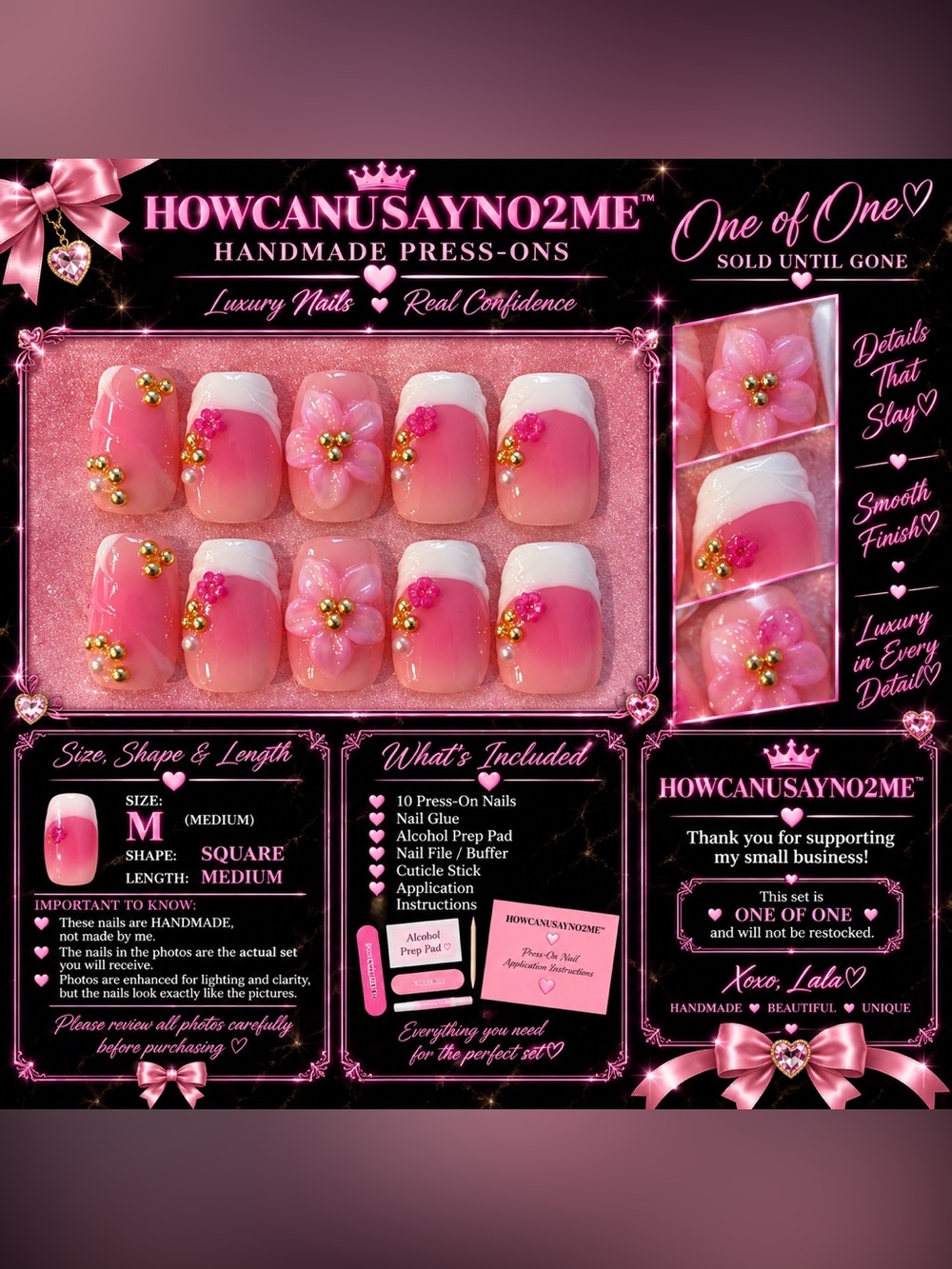 #7 Pink Floral Press-On Nails - Handmade Square Medium